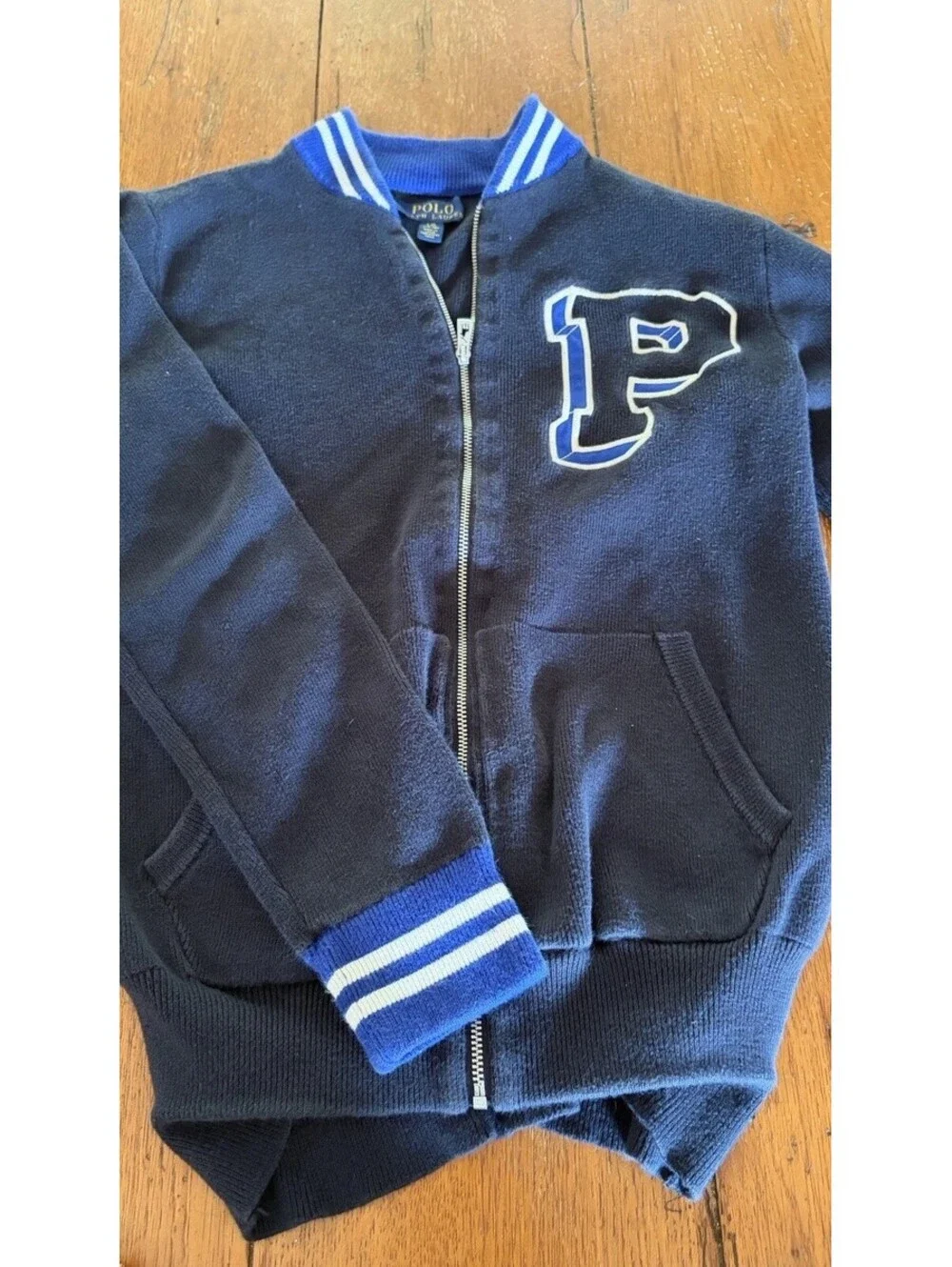 Polo Ralph Lauren Letterman Varsity Sweater Zip Stripe Cuffs Navy Blue  Sz 14/16
